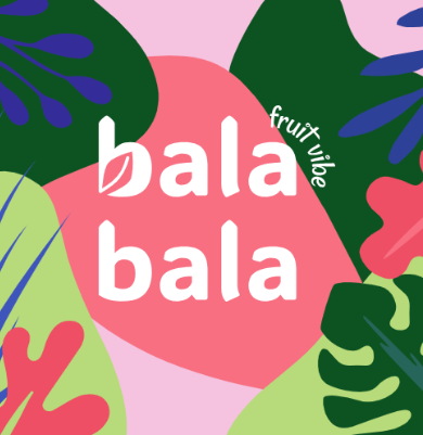 Kolorowy projekt graficzny z napisem „bala bala” i liśćmi w stylu tropikalnym – przykład odważnego, kreatywnego brandingu zaprojektowanego przez Patie Projektuje.